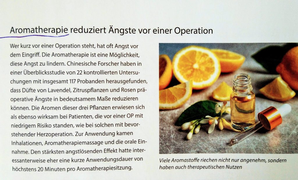 "Aromatherapie reduziert Ängste". Artikel in: Natur+Heilen 5-2021, Seite 9