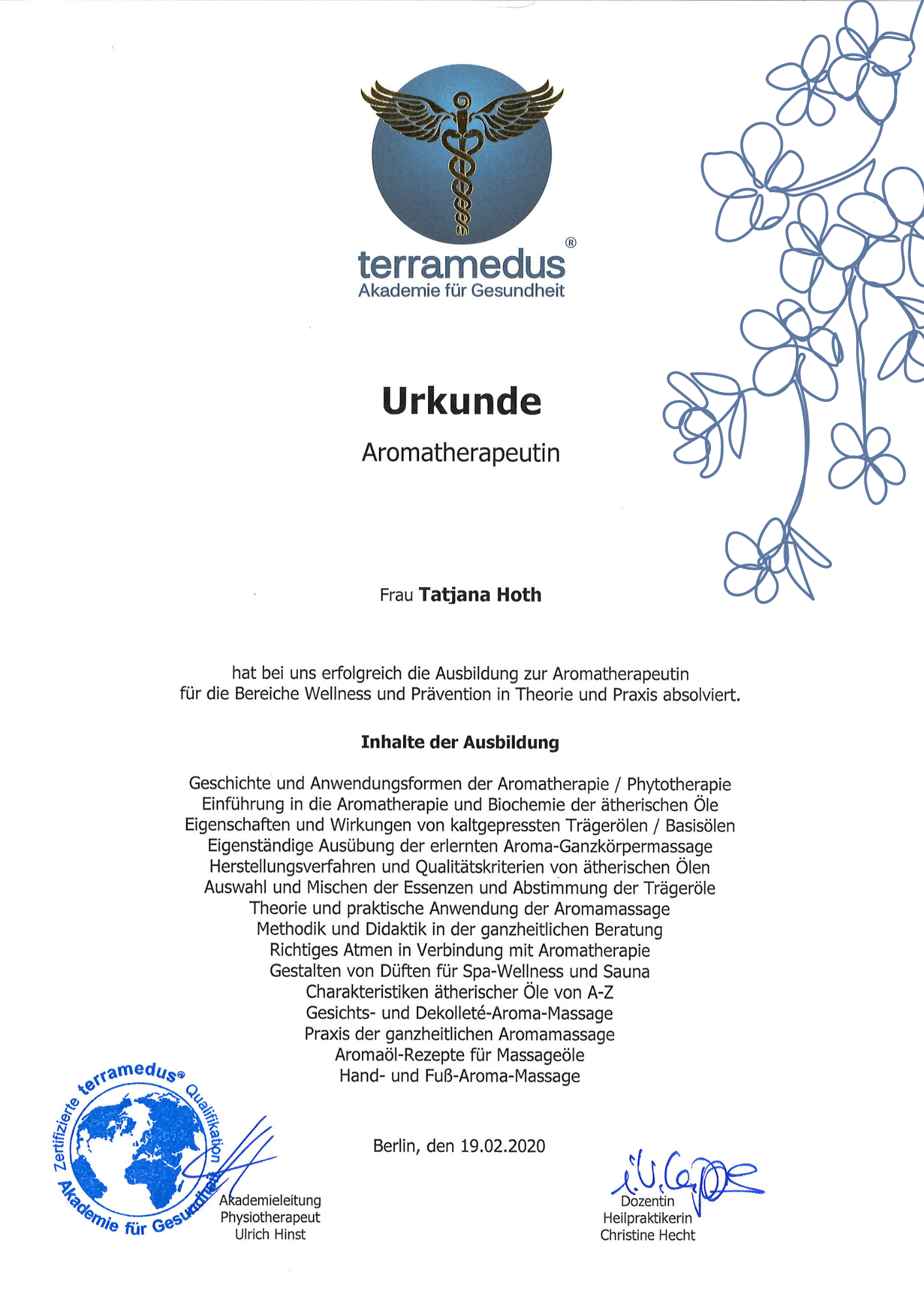 Zertifikat "Aromatherapeutin", Tatjana Hoth, Wilder Thymian, Aromatherapie und Massagen Berlin